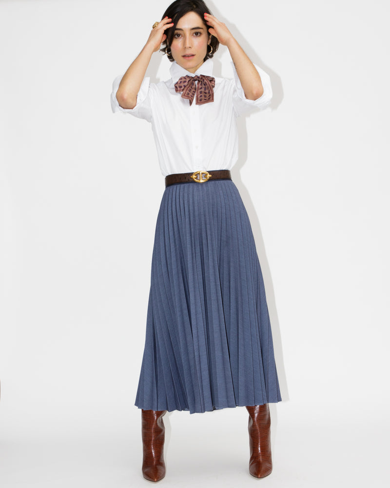 Marilyn Accordion-Pleated Midi Skirt in Denim