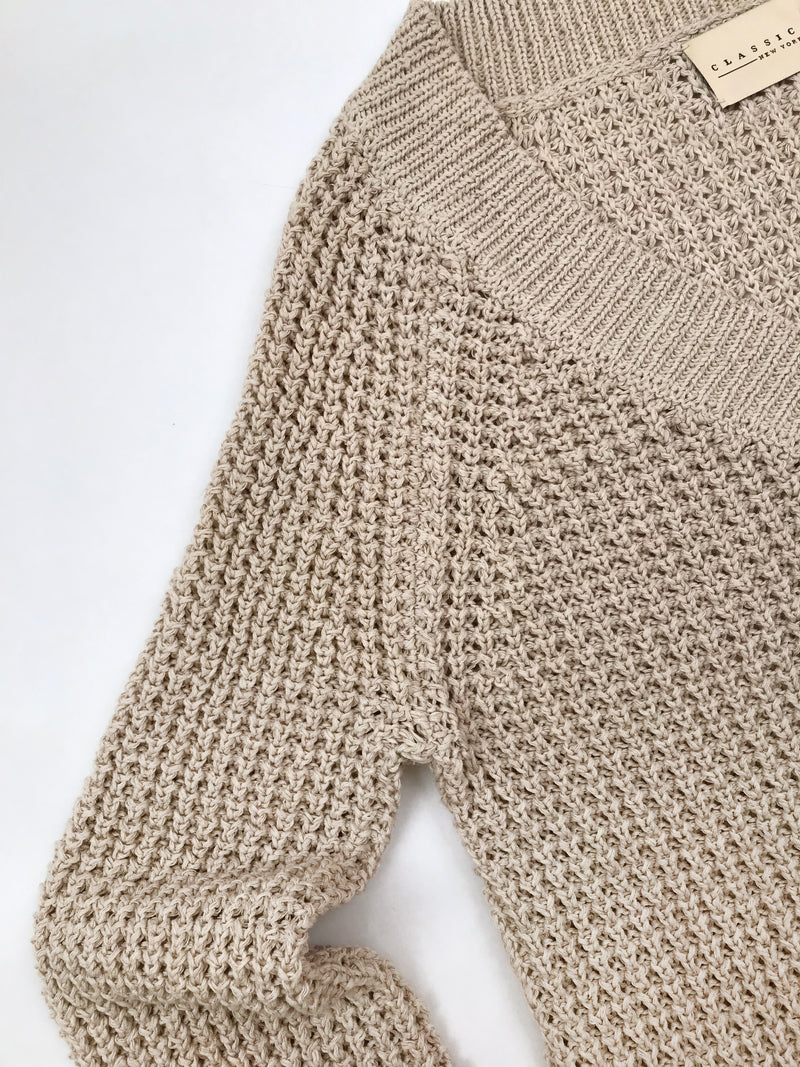 The perfect sweater. Classic Six Brigitte Linen Sweater. Season-less, chunky, wide v-neck, linen sweater with raglan detailing, long-ribbed hems, cuffs and collar.