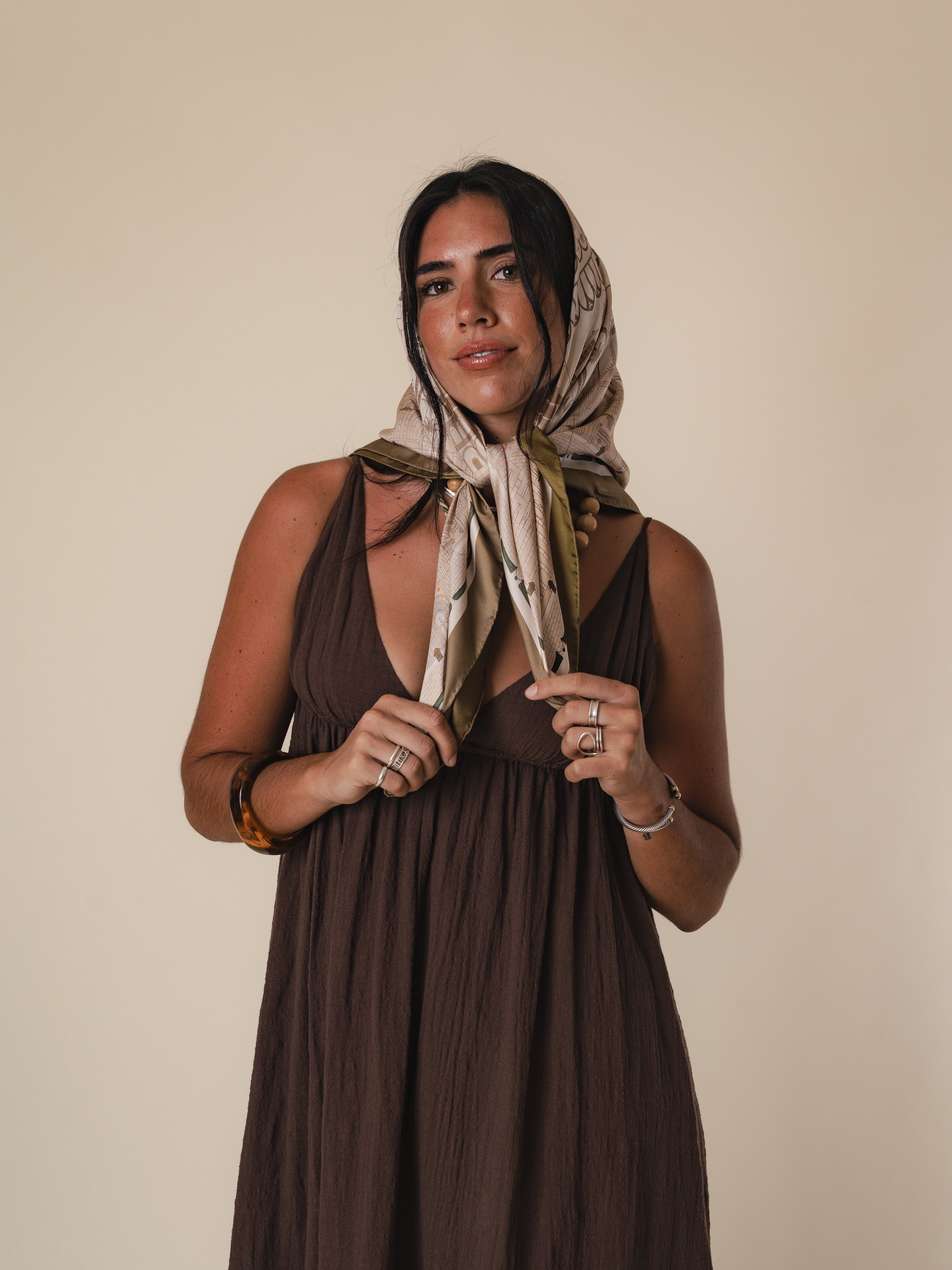 Summer scarf サマースカーフ　ミーラベル　Meravel ブラウン Mediterranean Designer Silk Scarf for Women | Classic Six
