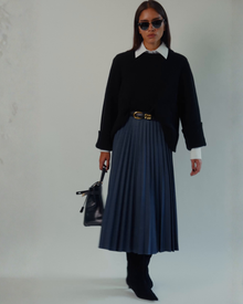 Marilyn Accordion-Pleated Midi Skirt in Denim