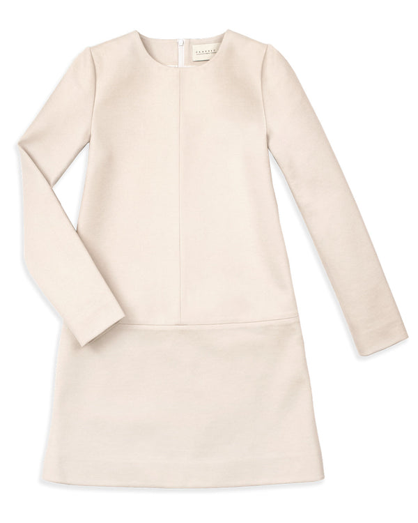 The perfect shift dress. Classic Six Twiggy shift dress. Season-less, long sleeve, crew-neck, mini shift dress in ivory Ponte de Roma knit. Unlined with bias-taped seams and 22” invisible back zipper for effortless dressing.